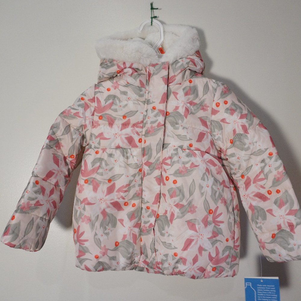 New Falls Creek Girl Toddler Pink Floral White Faux Fur Hooded Jacket Coat 2T